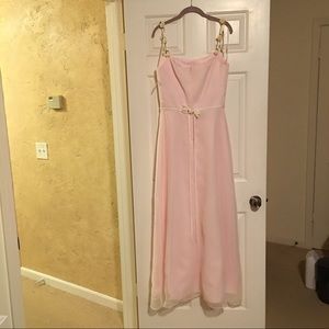 Pink chiffon bridesmaid dress. Floral accents